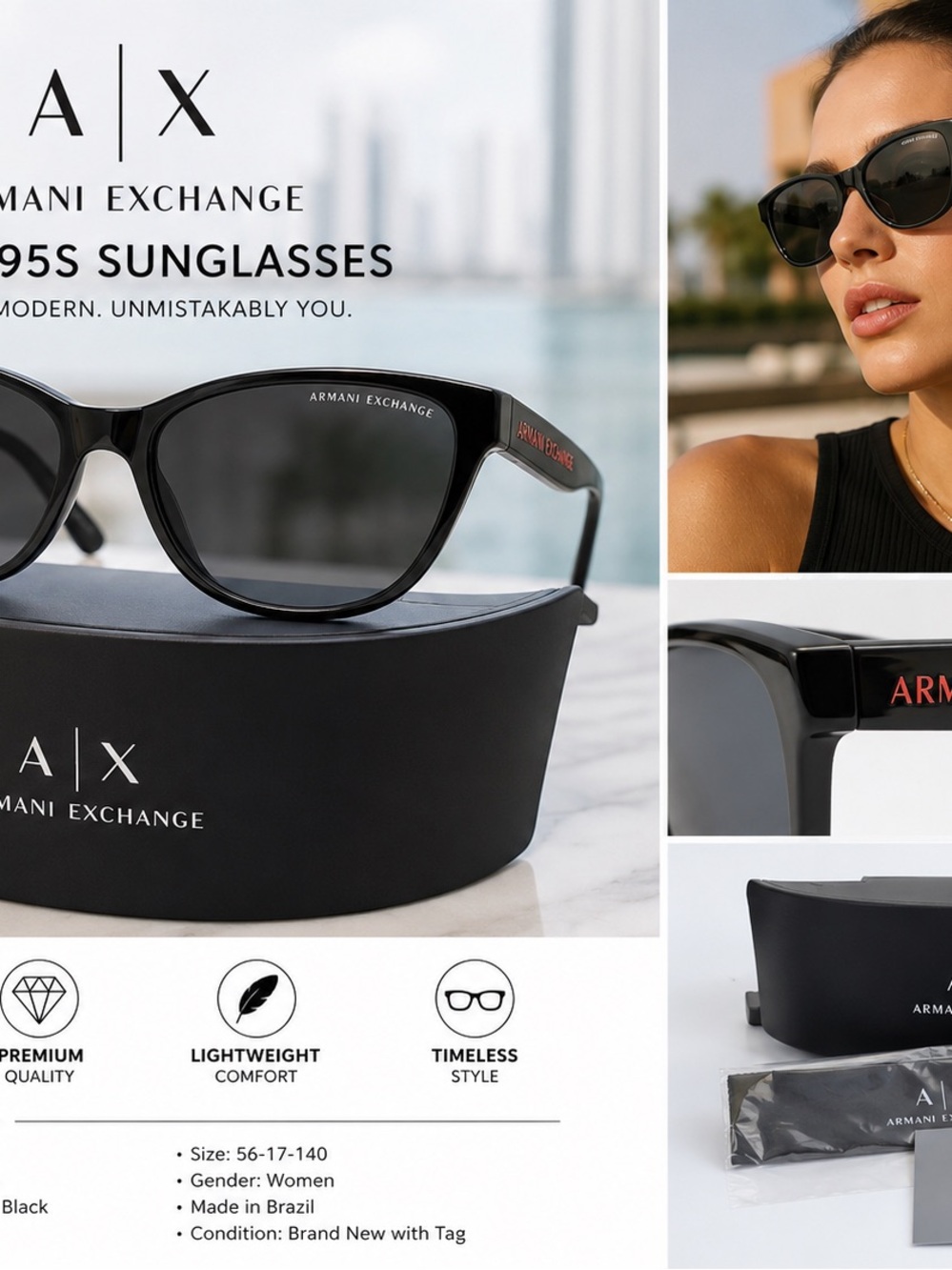 Armani Exchange Black Cat-Eye Sunglasses with Red Logo Accent